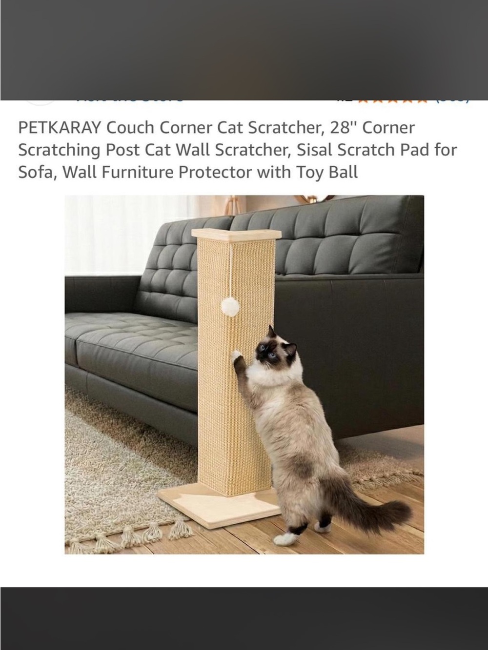 Beige Sisal Corner Cat Scratcher with Toy Ball